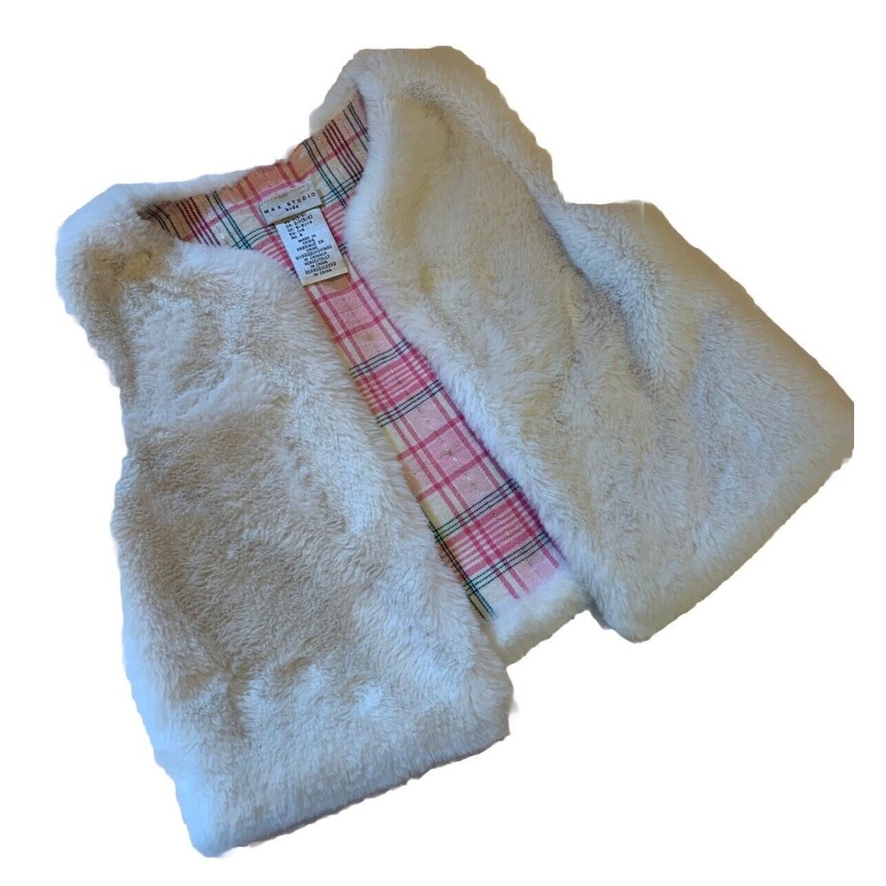 Max Studio Soft Furry Vest Girls Small (5/6) White/Pink Lining Soft Cozy Winter